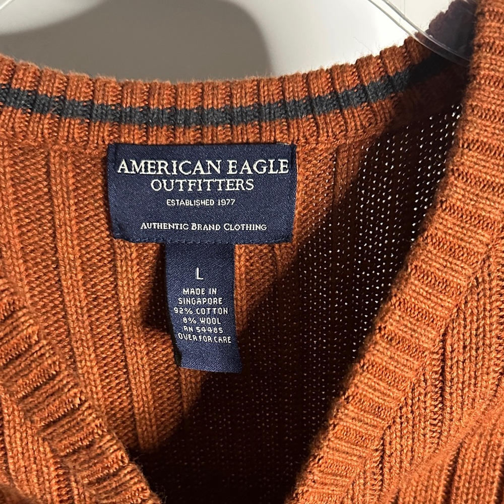 American Eagle Outfitters Men's V-Neck Rust‎ Sweater with navy stripe - Picture 2 of 10